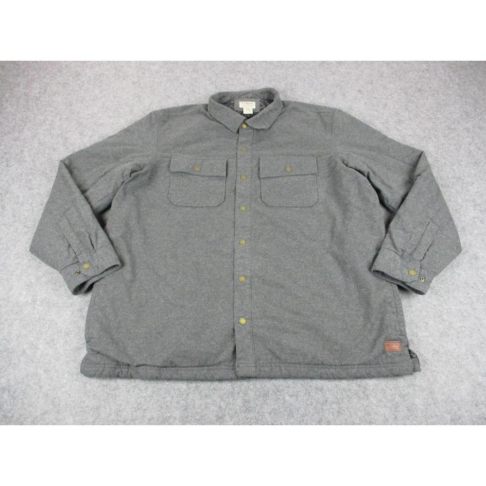 LL Bean Jacket Mens Extra Large Gray Flannel Insulated Snap Pockets Hiking Coat